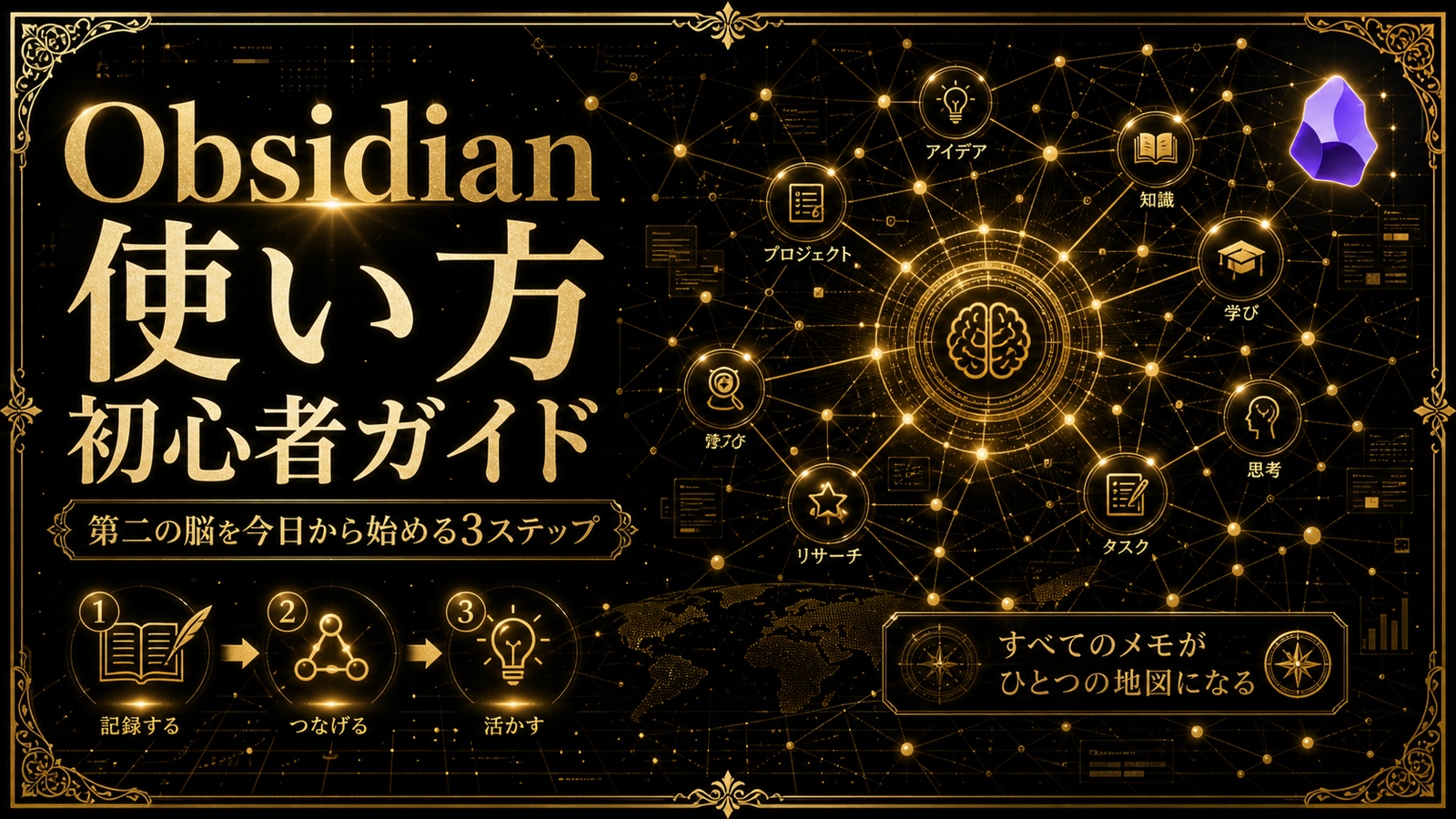 Obsidian 使い方 初心者ガイド｜第二の脳を今日から始める3ステップのアイキャッチ