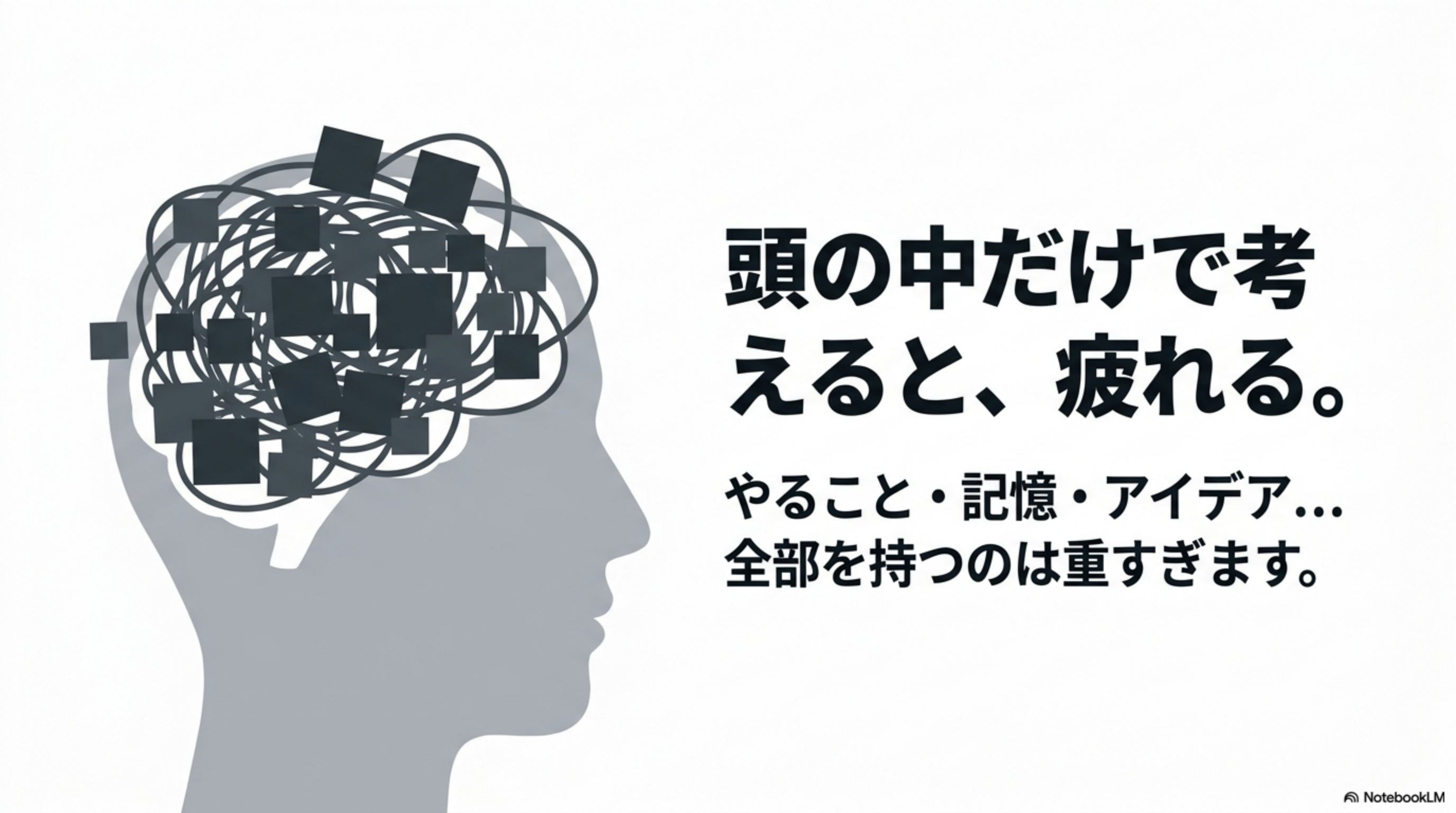頭の中だけで考えると、やること・記憶・アイデアで脳が散らかる様子