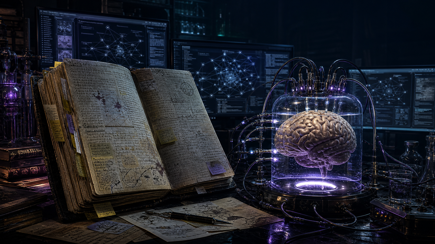 脳の記憶装置と研究ノートが並ぶSecond Brain Labのイメージ